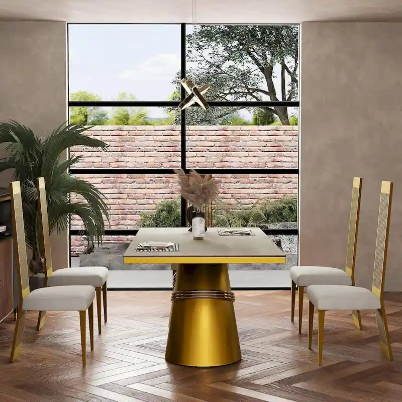 Table de salle à manger plateau verre, blanc et or brossé, 6 à 8 places