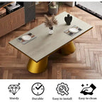 Table de salle à manger plateau verre, blanc et or brossé, 6 à 8 places
