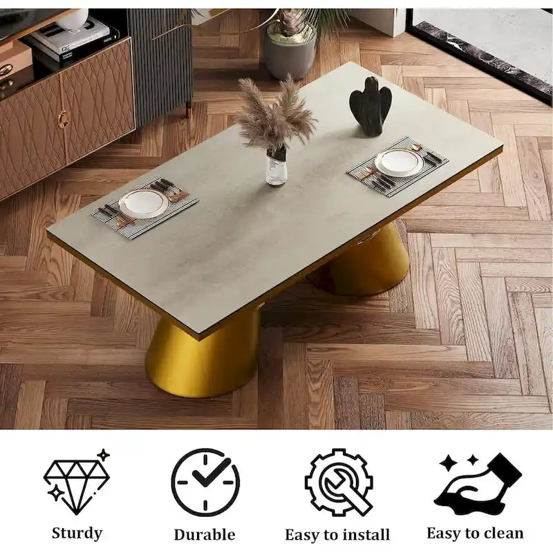Table de salle à manger plateau verre, blanc et or brossé, 6 à 8 places