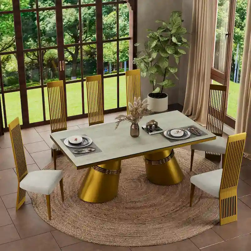 Table de salle à manger plateau verre, blanc et or brossé, 6 à 8 places