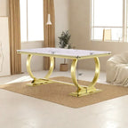 Table de salle à manger plateau verre, blanc et or brossé, 6 à 8 places