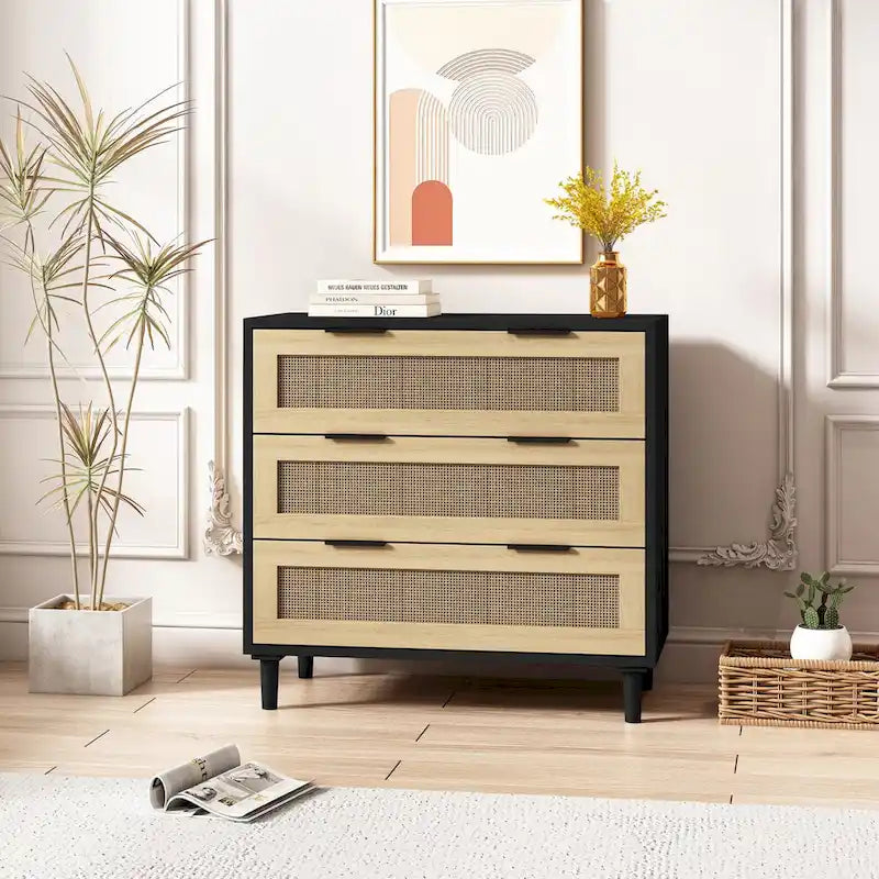 Meuble de rangement en rotin avec trois tiroirs en rotin