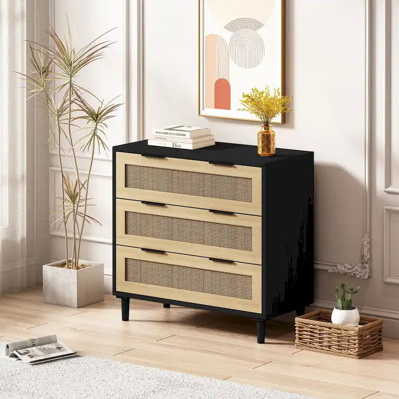 Meuble de rangement en rotin avec trois tiroirs en rotin
