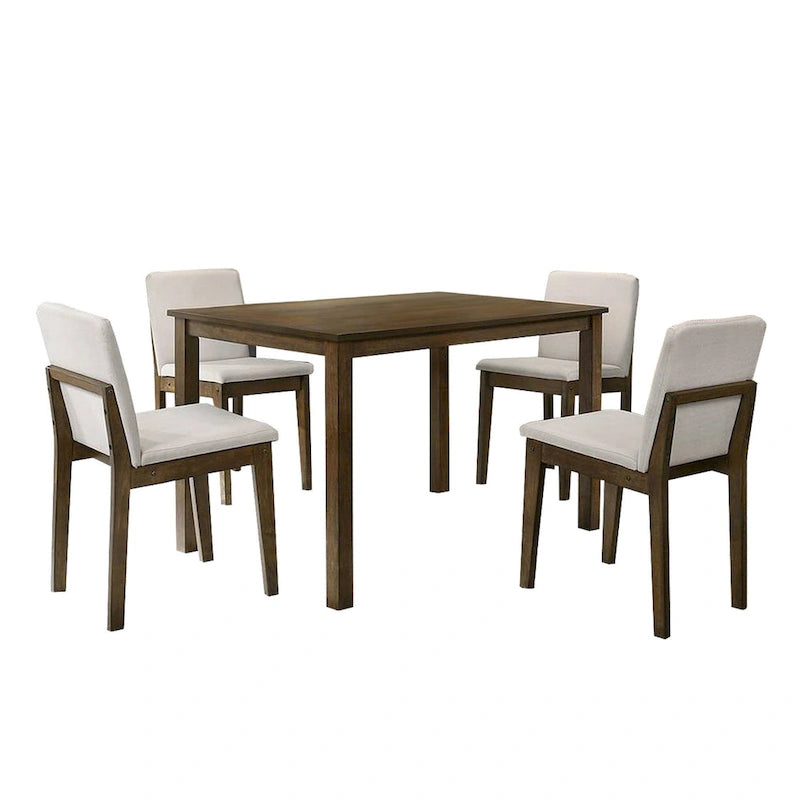 Ensemble de salle à manger Zory 5 pièces, 4 chaises rembourrées, toile de jute beige, bois marron