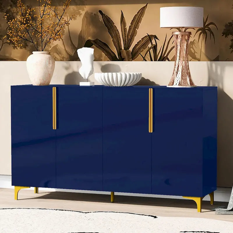 Meuble de rangement 4 portes brillant avec étagères réglables – Blanc / Noir / Bleu marine