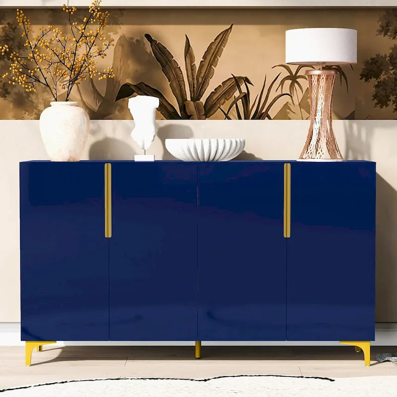 Meuble de rangement 4 portes brillant avec étagères réglables – Blanc / Noir / Bleu marine
