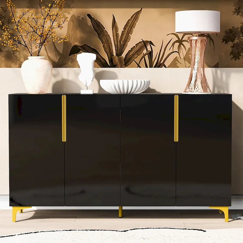 Meuble de rangement 4 portes brillant avec étagères réglables – Blanc / Noir / Bleu marine