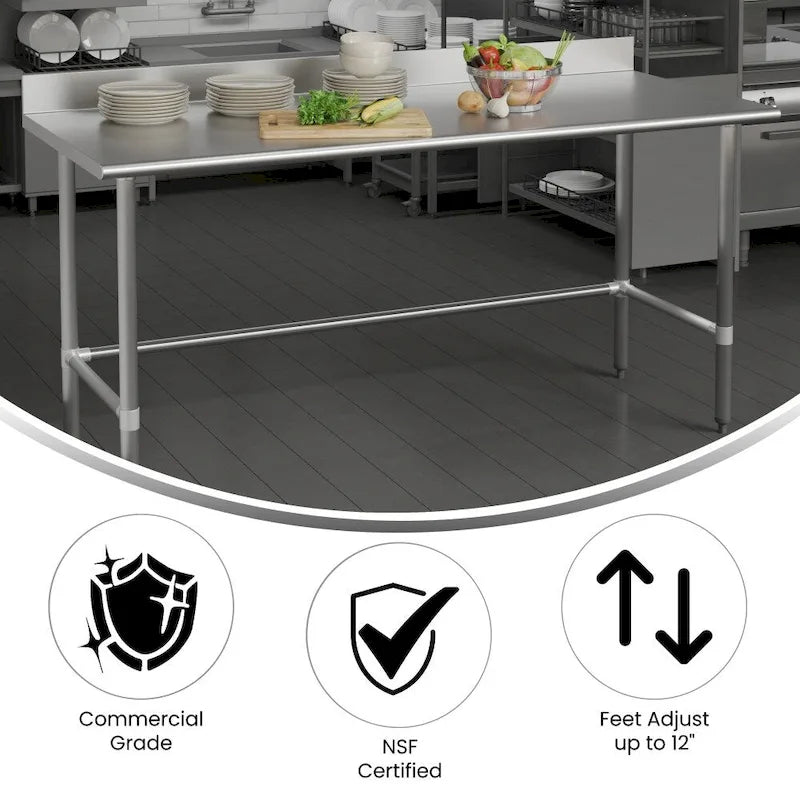 Table de travail de préparation de cuisine à base ouverte argentée avec dosseret, utilisateur unique, acier inoxydable 430 18G