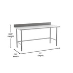 Table de travail de préparation de cuisine à base ouverte argentée avec dosseret, utilisateur unique, acier inoxydable 430 18G