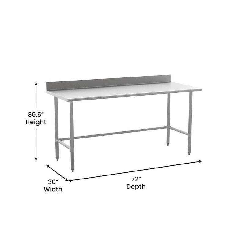Table de travail de préparation de cuisine à base ouverte argentée avec dosseret, utilisateur unique, acier inoxydable 430 18G