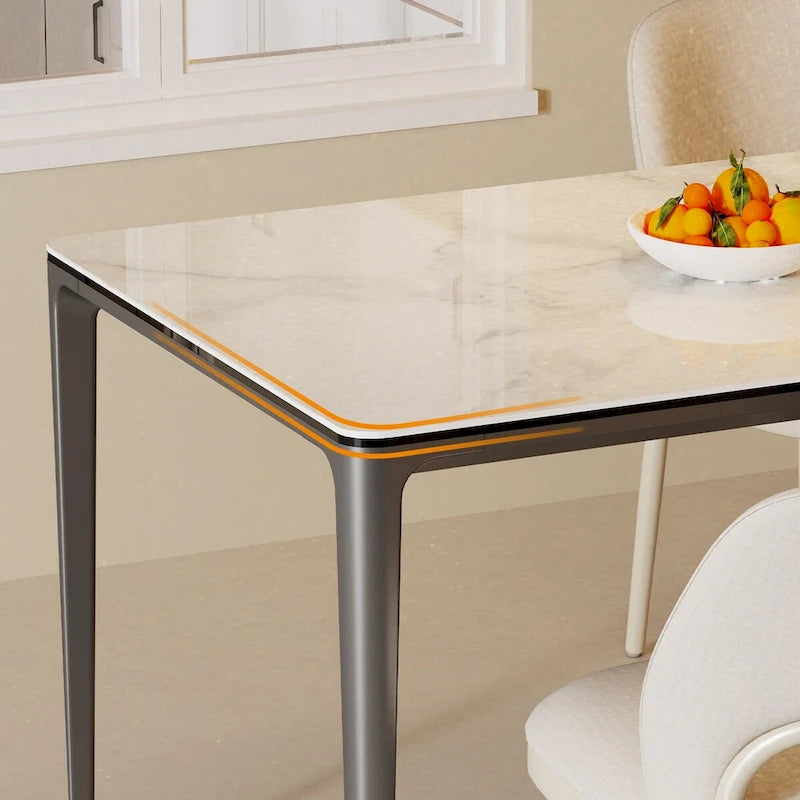 Table de salle à manger rectangulaire Gris Carbone Blanc, Plateau en pierre frittée et verre trempé, 6 places