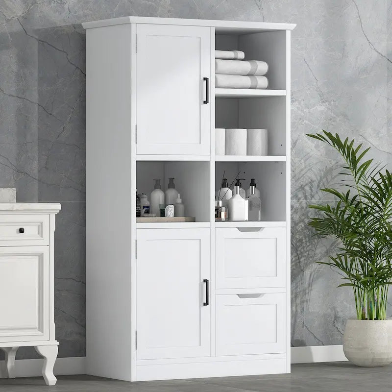 Armoire à linge blanche de 31 po l. x 16 po P x 62 po H avec étagères ouvertes et tiroirs