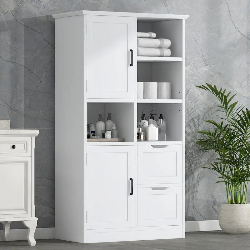 Armoire à linge blanche de 31 po l. x 16 po P x 62 po H avec étagères ouvertes et tiroirs