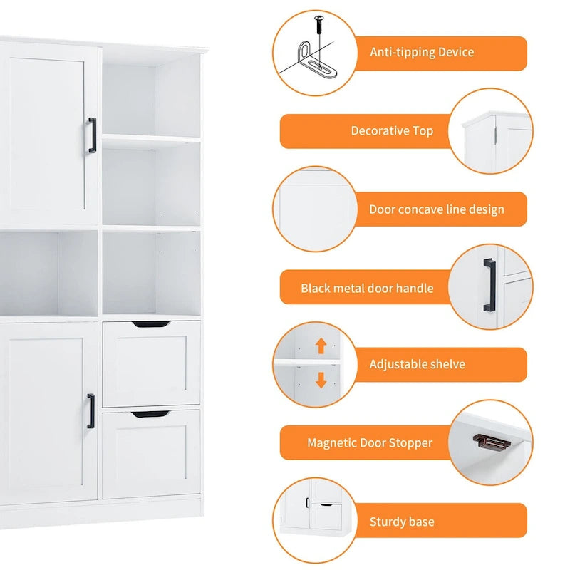 Armoire à linge blanche de 31 po l. x 16 po P x 62 po H avec étagères ouvertes et tiroirs
