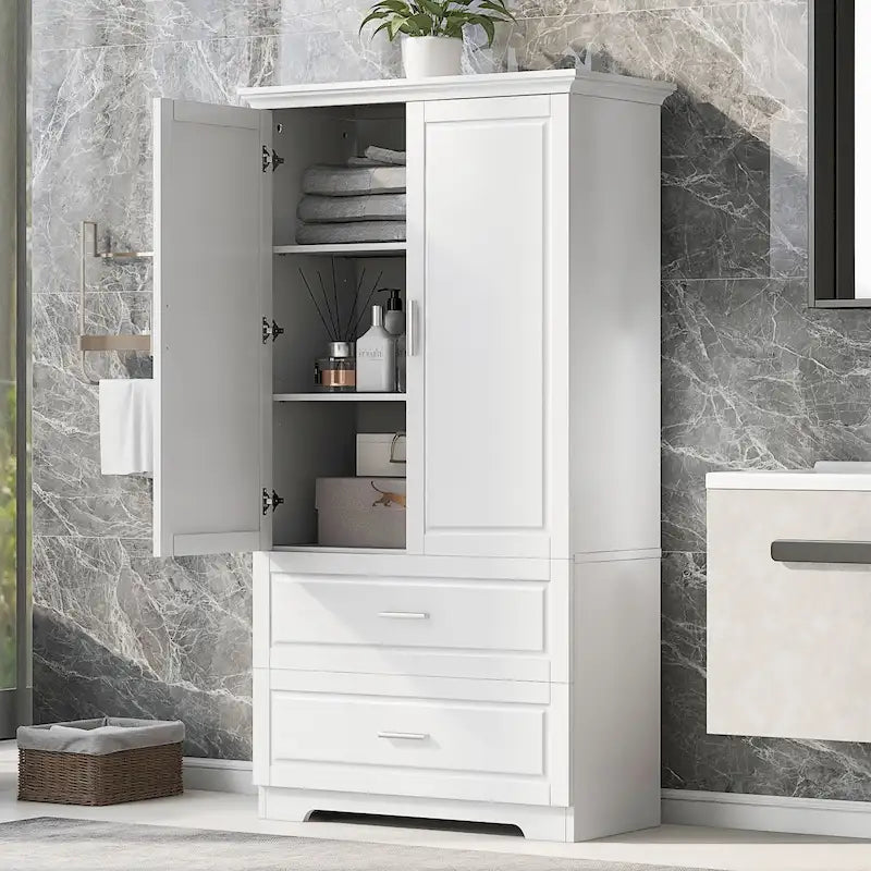 Armoire de rangement haute de salle de bain avec 2 portes, 2 tiroirs et étagère réglable