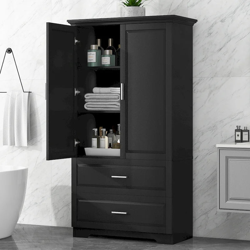 Armoire de rangement haute de salle de bain avec 2 portes, 2 tiroirs et étagère réglable
