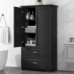 Armoire de rangement haute de salle de bain avec 2 portes, 2 tiroirs et étagère réglable