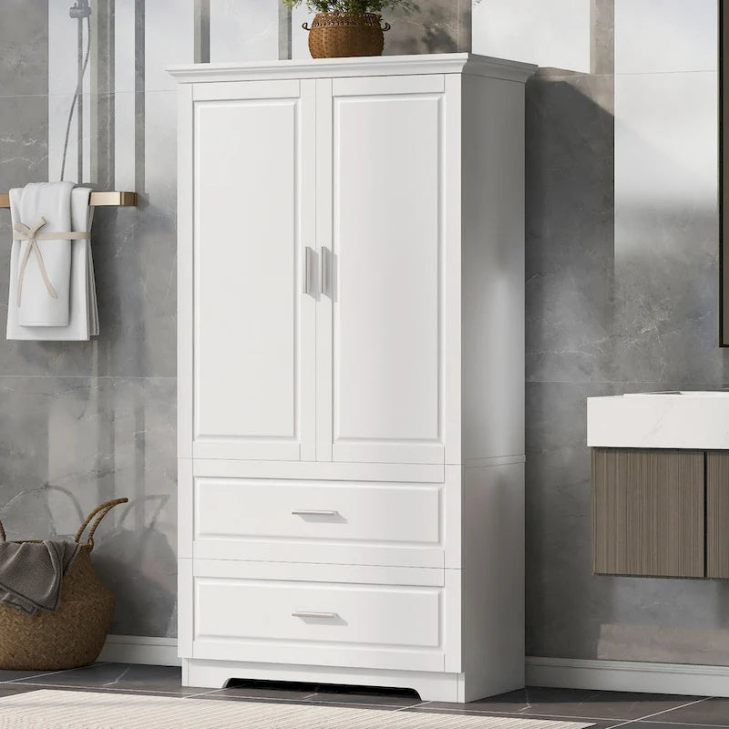Armoire de rangement haute de salle de bain avec 2 portes, 2 tiroirs et étagère réglable