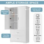 Armoire de rangement haute de salle de bain avec 2 portes, 2 tiroirs et étagère réglable