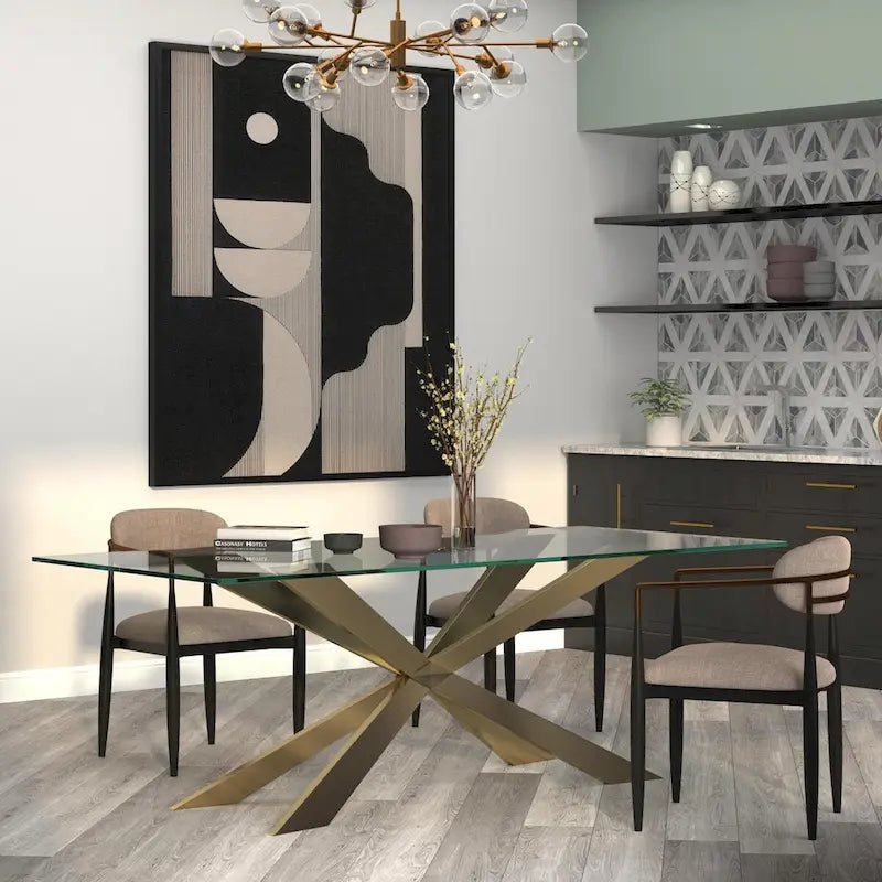 Table à manger en verre doré avec base en X – Pour 2 à 4 personnes