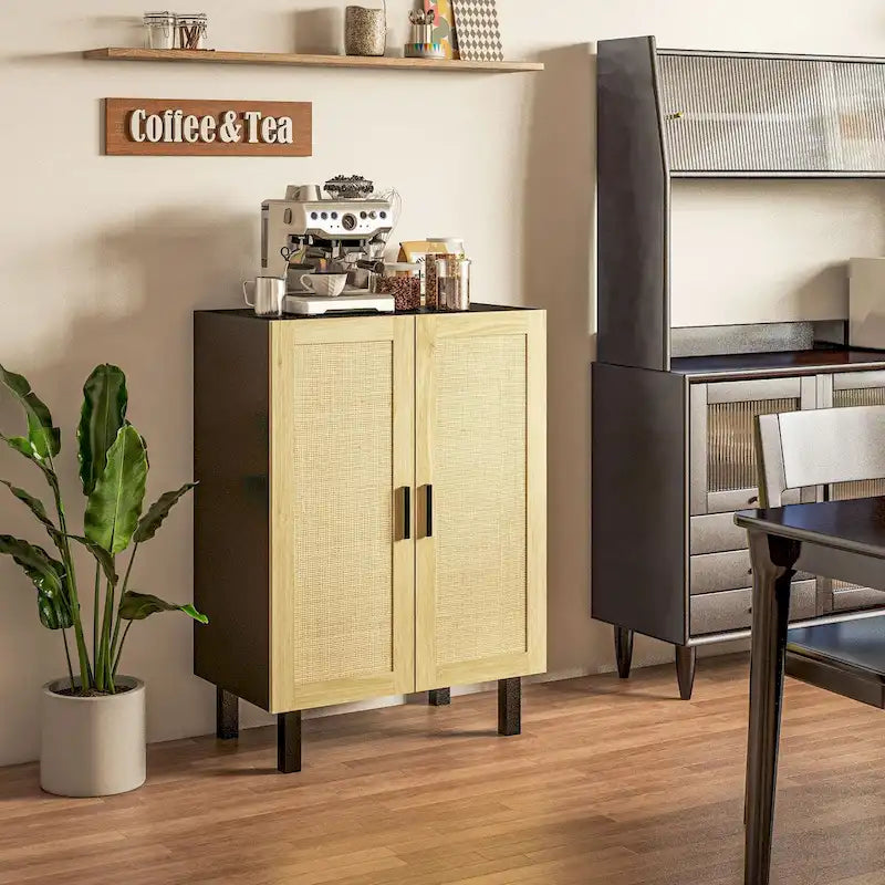 HOMCOM Buffet de salle à manger, Meuble de cuisine, Meuble de bar à café avec 2 portes en rotin et étagères réglables