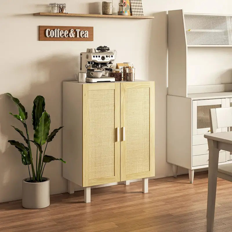 HOMCOM Buffet de salle à manger, Meuble de cuisine, Meuble de bar à café avec 2 portes en rotin et étagères réglables