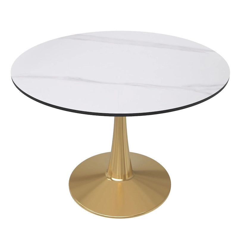 Table à manger ronde LeisureMod 40 en pierre frittée avec plateau en acier doré, série Bistro