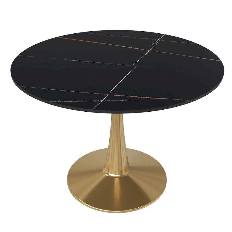 Table à manger ronde LeisureMod 40 en pierre frittée avec plateau en acier doré, série Bistro
