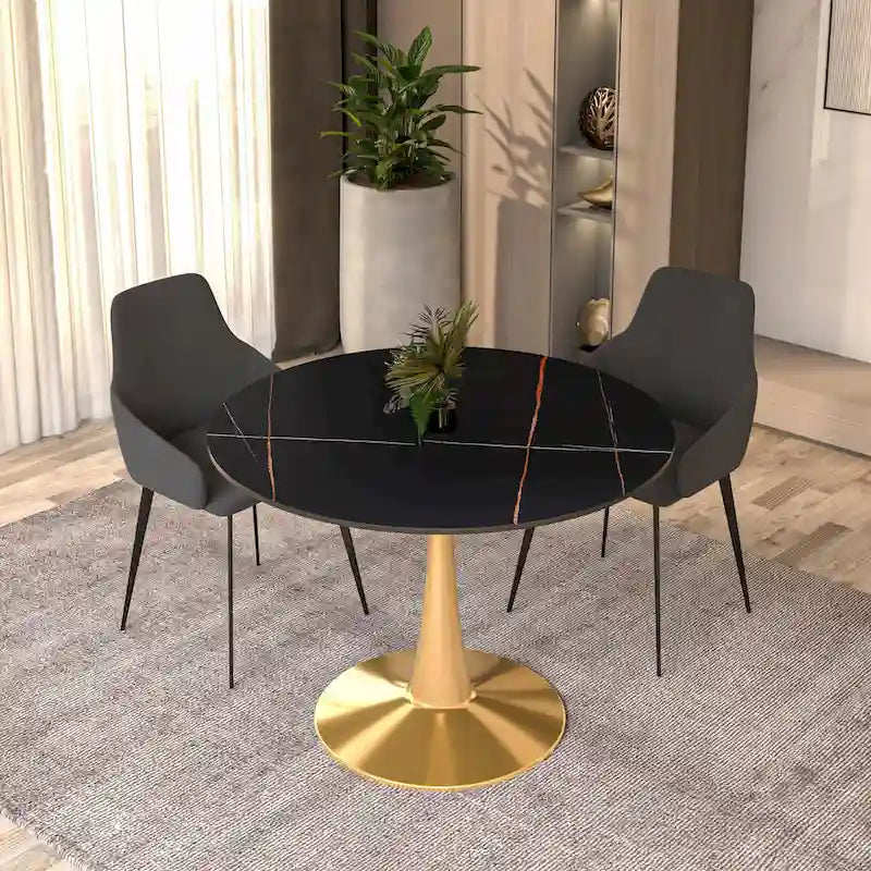 Table à manger ronde LeisureMod 40 en pierre frittée avec plateau en acier doré, série Bistro