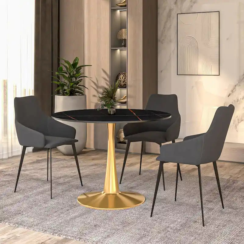Table à manger ronde LeisureMod 40 en pierre frittée avec plateau en acier doré, série Bistro