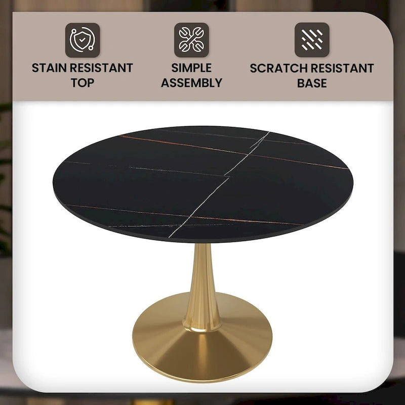 Table à manger ronde LeisureMod 40 en pierre frittée avec plateau en acier doré, série Bistro