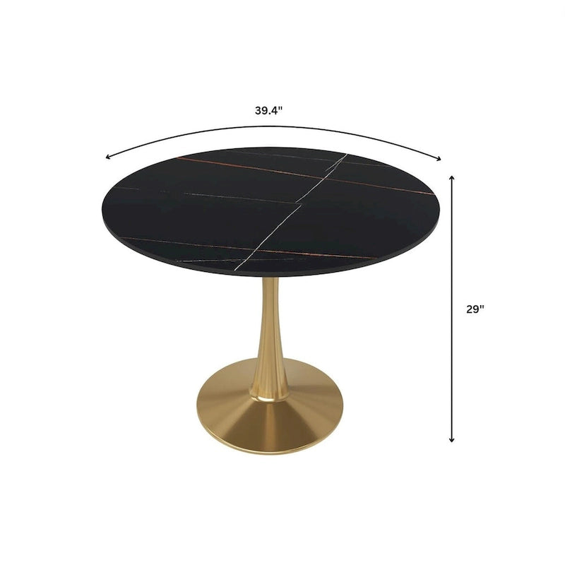 Table à manger ronde LeisureMod 40 en pierre frittée avec plateau en acier doré, série Bistro