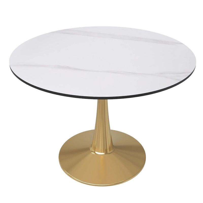 Table à manger ronde LeisureMod 40 en pierre frittée avec plateau en acier doré, série Bistro