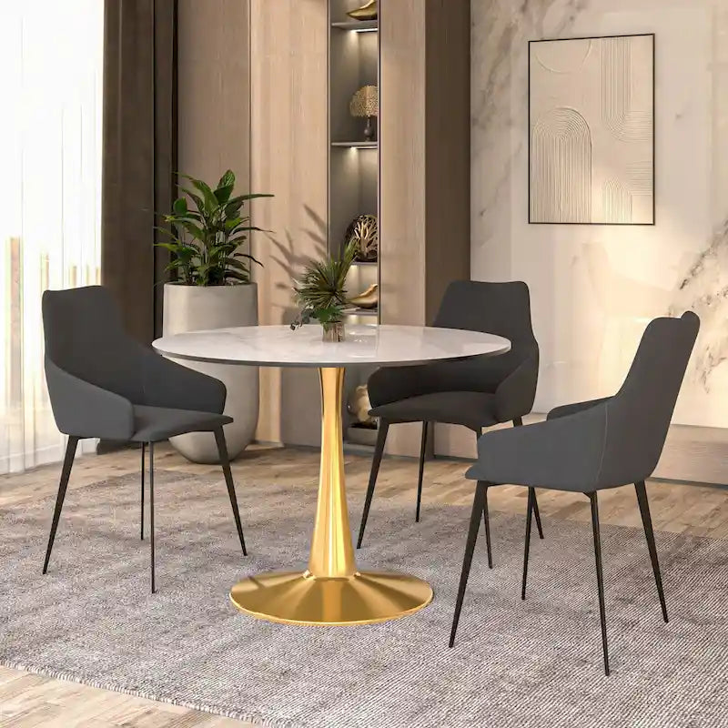 Table à manger ronde LeisureMod 40 en pierre frittée avec plateau en acier doré, série Bistro