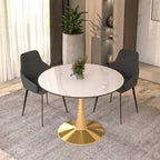 Table à manger ronde LeisureMod 40 en pierre frittée avec plateau en acier doré, série Bistro