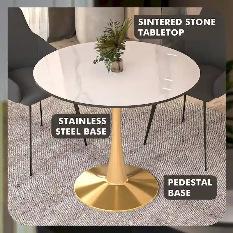 Table à manger ronde LeisureMod 40 en pierre frittée avec plateau en acier doré, série Bistro
