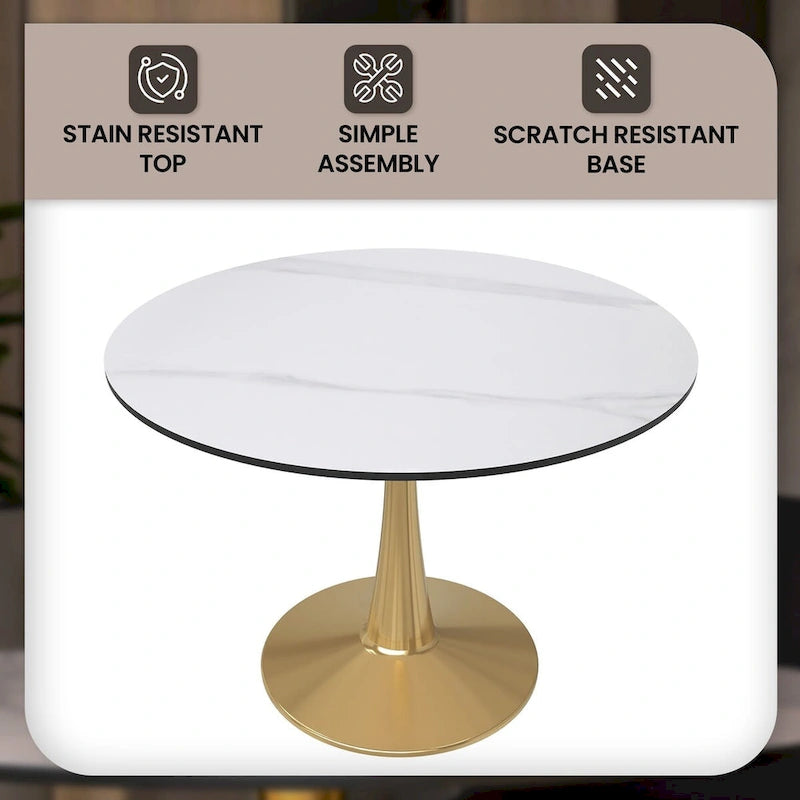 Table à manger ronde LeisureMod 40 en pierre frittée avec plateau en acier doré, série Bistro