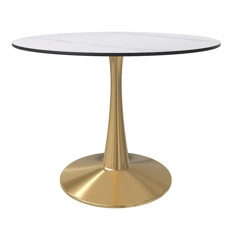 Table à manger ronde LeisureMod 40 en pierre frittée avec plateau en acier doré, série Bistro
