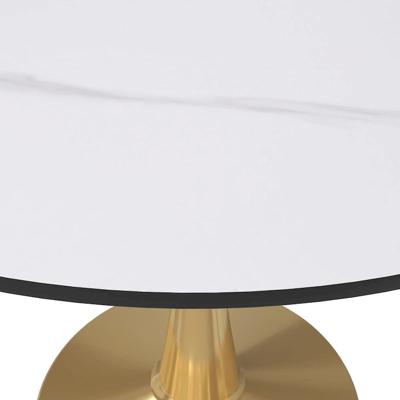 Table à manger ronde LeisureMod 40 en pierre frittée avec plateau en acier doré, série Bistro