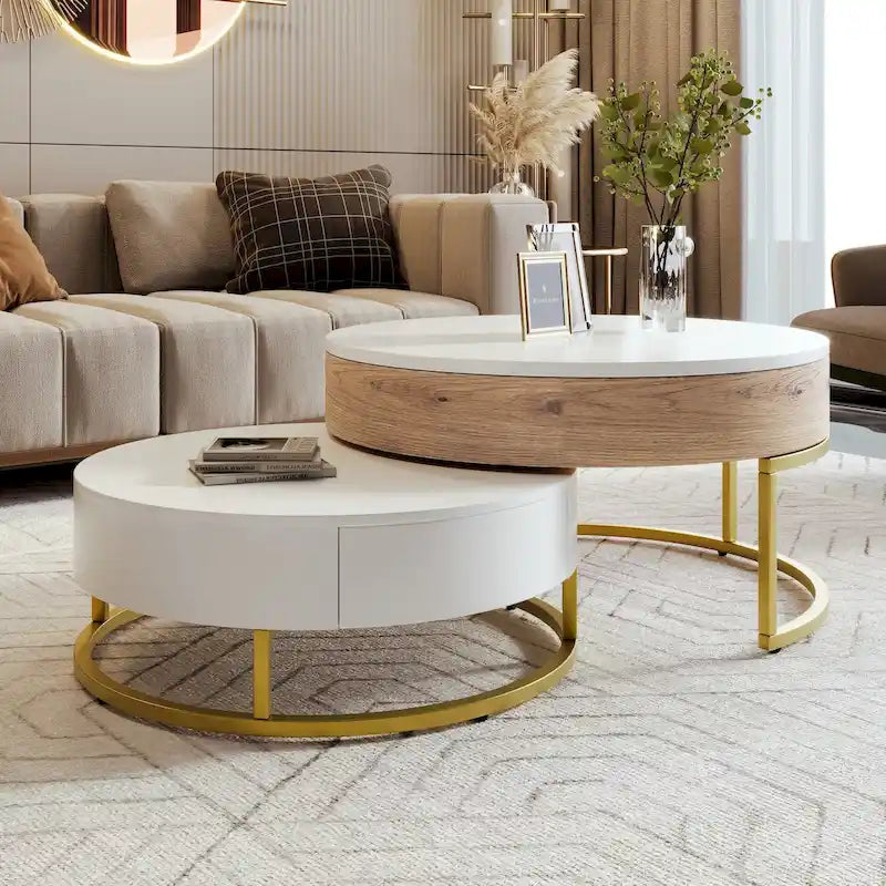Tables basses gigognes rondes modernes relevables avec 2 tiroirs Blanc et Noir