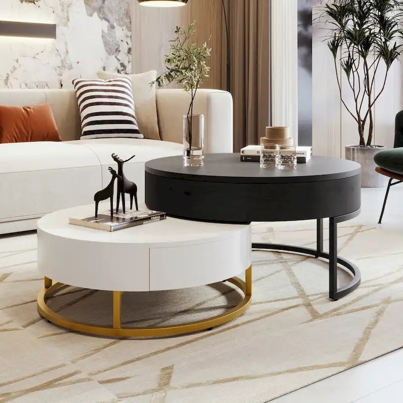 Tables basses gigognes rondes modernes relevables avec 2 tiroirs Blanc et Noir