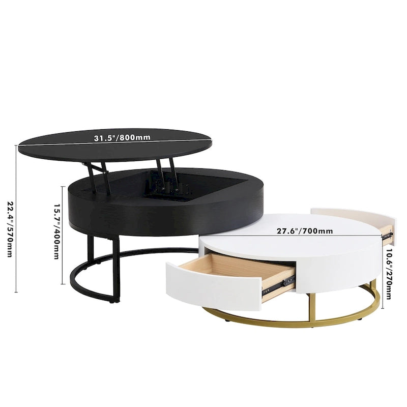 Tables basses gigognes rondes modernes relevables avec 2 tiroirs Blanc et Noir