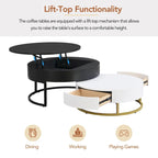 Tables basses gigognes rondes modernes relevables avec 2 tiroirs Blanc et Noir