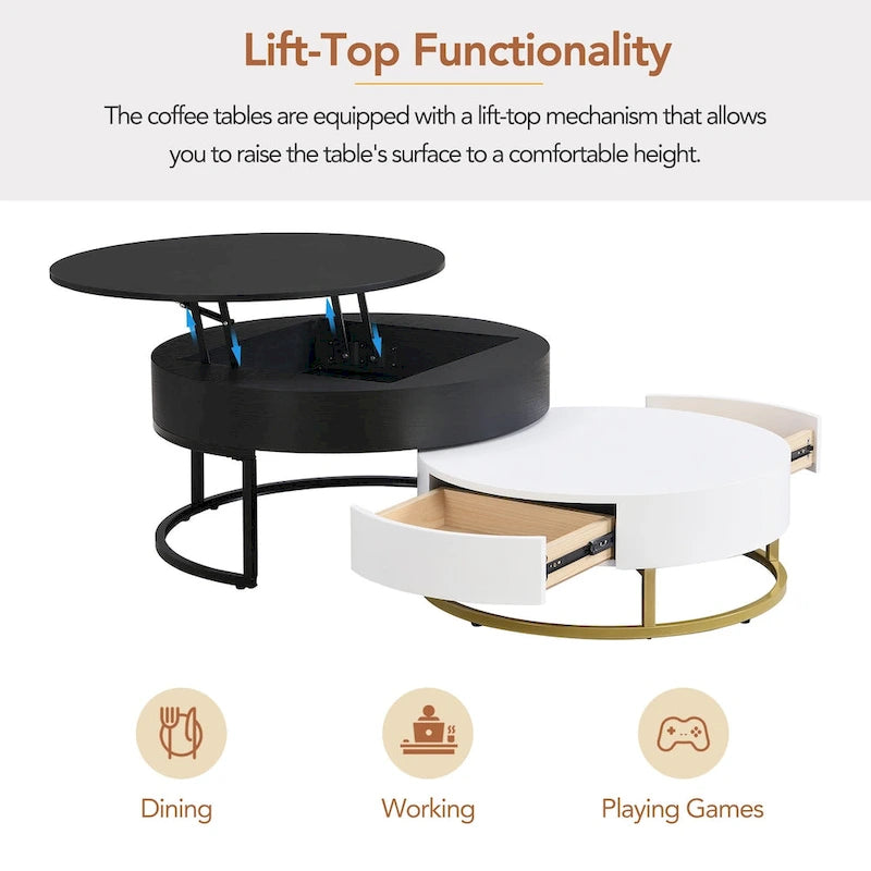 Tables basses gigognes rondes modernes relevables avec 2 tiroirs Blanc et Noir