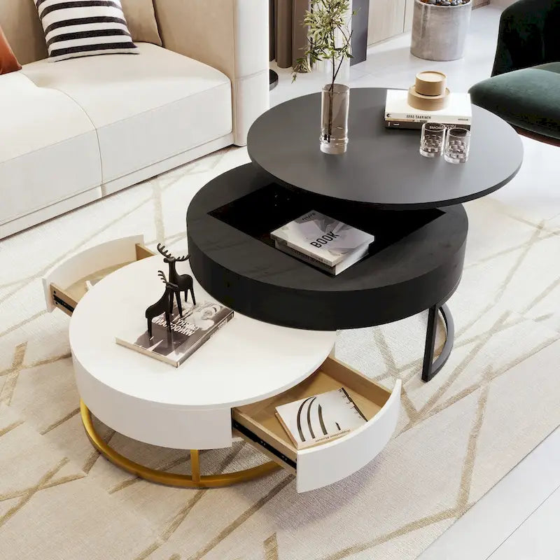 Tables basses gigognes rondes modernes relevables avec 2 tiroirs Blanc et Noir