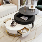 Tables basses gigognes rondes modernes relevables avec 2 tiroirs Blanc et Noir