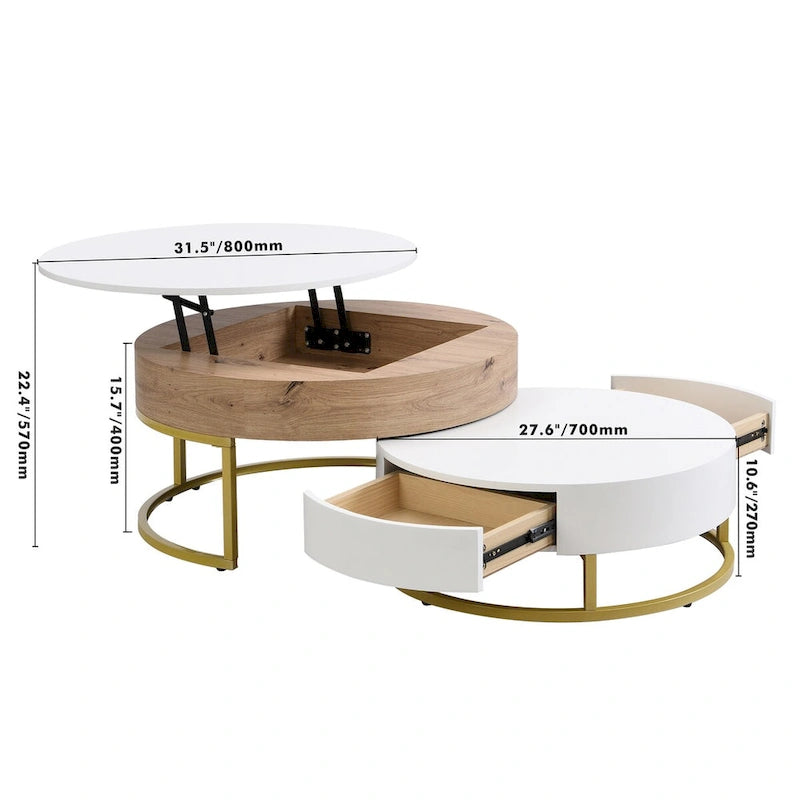 Tables basses gigognes rondes modernes relevables avec 2 tiroirs Blanc et Noir