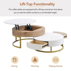 Tables basses gigognes rondes modernes relevables avec 2 tiroirs Blanc et Noir
