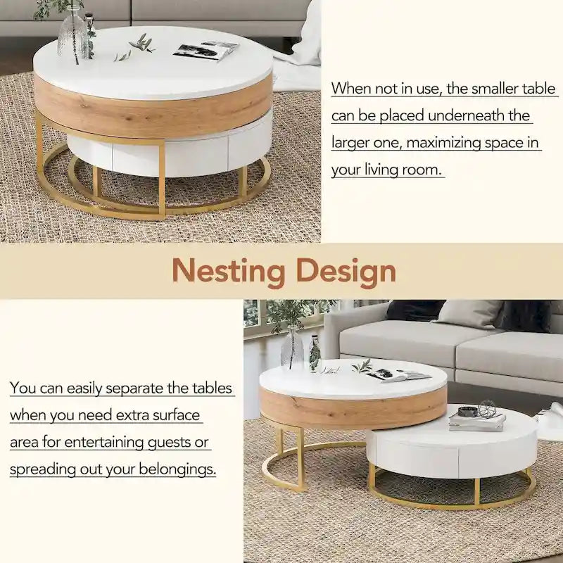 Tables basses gigognes rondes modernes relevables avec 2 tiroirs Blanc et Noir