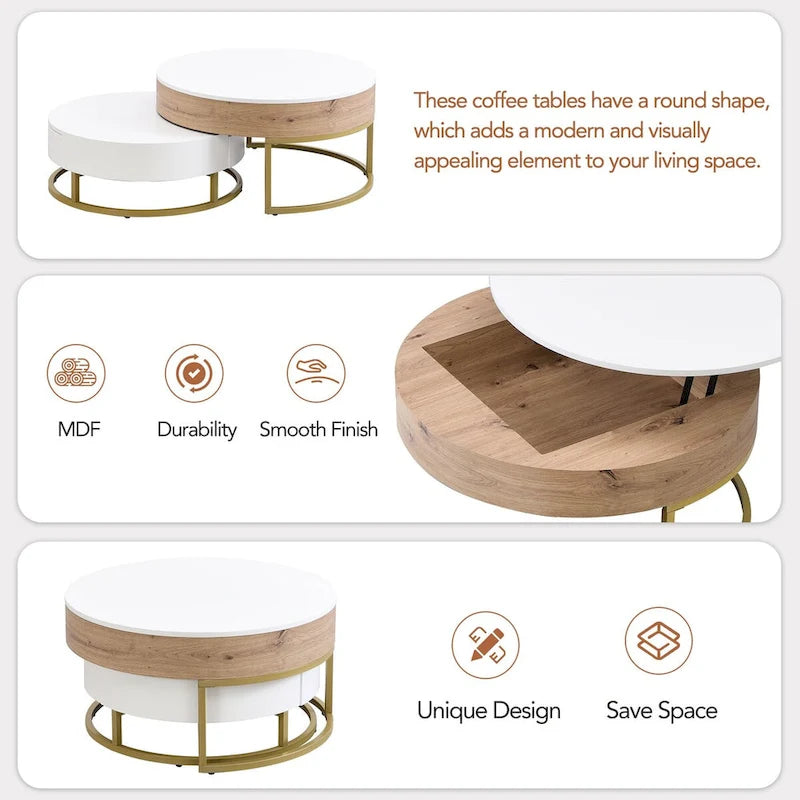 Tables basses gigognes rondes modernes relevables avec 2 tiroirs Blanc et Noir